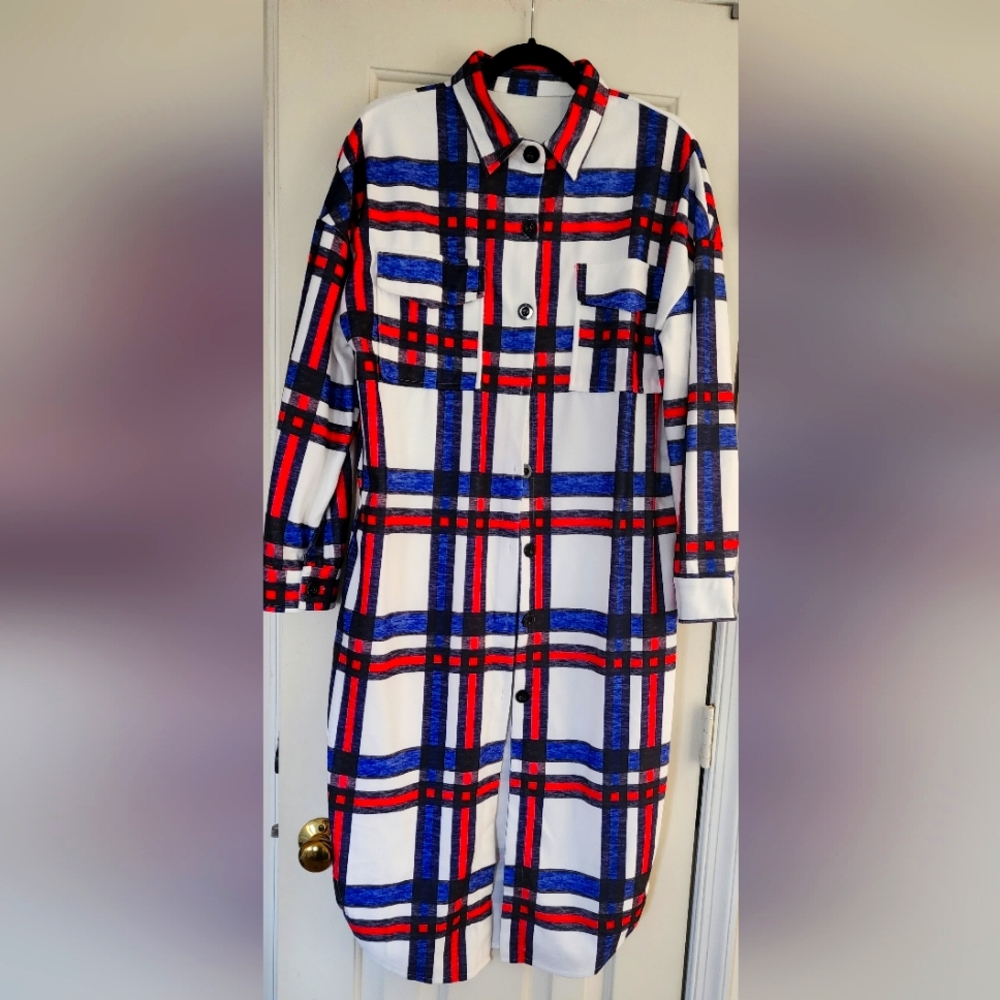 Women's Lounge Lapel Button Up Long Sleeve Plaid Long Shirt Jacket Shacket